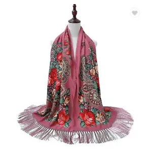 Winter Ladies Russian Floral Tassel Scarves Shawls Pink Cotton Scarf New - Picture 1 of 1
