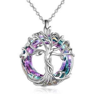 Celtic Tree Of Life Purple Blue Crystal Round Pendant Charm Necklace Gift - Picture 1 of 2