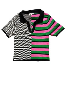 Immodel Shirt Youth Medium Black Pink Chevron Stripes Rayon Collared Polo Girls - Picture 1 of 7