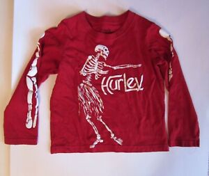 Hurley Boys 4 Long Sleeve Tee Shirt Red Hula Skeleton Bones 100% Cotton