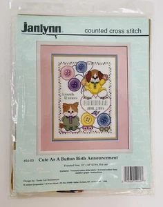 VTG Counted Cross Stitch 11”x14 Janlynn "Cute As A Button" Birth Announcement” - Picture 1 of 2