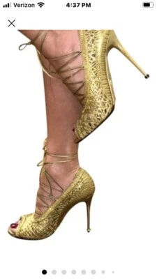 Tom Ford Gold Napa Lace Up Peep Toe Pumps - Image 1 of 4