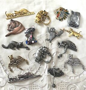 Fab Job Lot x 15 Quirky Vintage Style Tigers, Cats Brooches - BN - Resale Wear