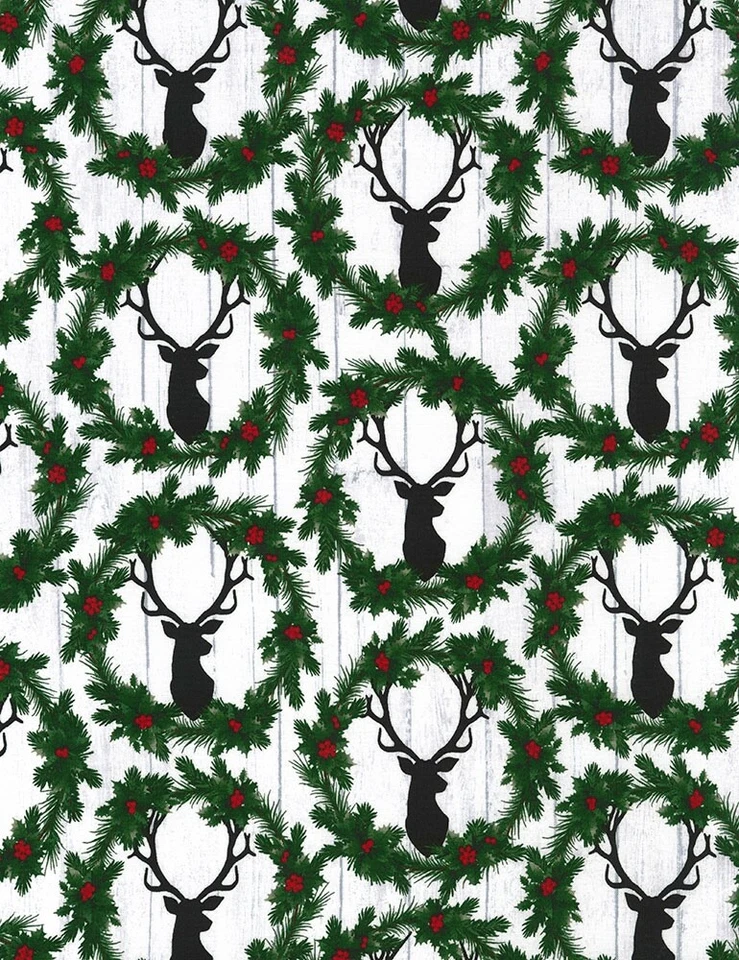 Christmas Fabric - Wreath Deer Stag Heads White - Timeless Treasures YARD - Image 1 of 1