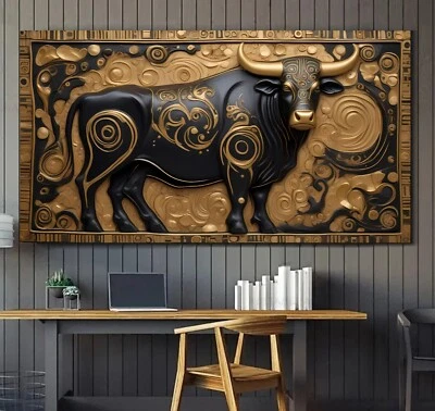 XXL LEINWAND BILD ER BIS 170x90x5 BULLE STIER KUH WANDBILD SCHWARZ-GOLD-OPTIK - Bild 1 von 2