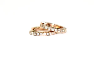 14K Tiny Diamond Hoop Earring Small DIAMOND Huggy Earrings .05ct 14K ROSE GOLD - Picture 1 of 9