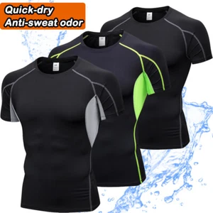 Men's Compression T-Shirt Sport Tight Base Layer Tops Short Sleeve Athletic Dry - Picture 1 of 23