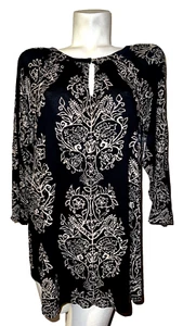 New LUCKY BRAND Top Plus Sz 2X Black Floral Keyhole Neck 3/4 Sleeve Tunic Blouse - Picture 1 of 6