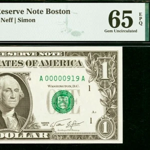 1974 $1 Federal Reserve Note - PMG 65EPQ - Birthday Low Serial Number 00000919 - Picture 1 of 3