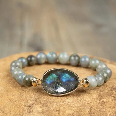 Natural Labradorite Round beads Charm Handmade Healing Reiki Women Bracelet Gift - Image 1 of 4