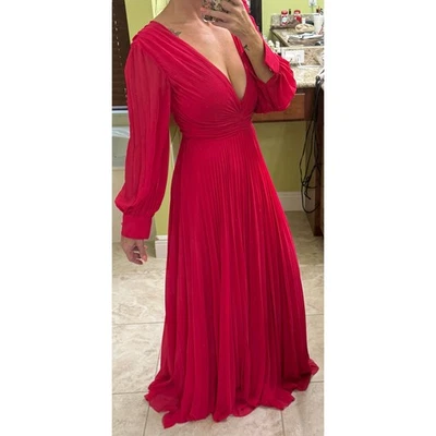 Bagdley Mischka Plisse pleated chiffon formal gown ($795) Pink long sleeve 2 - Image 1 of 4