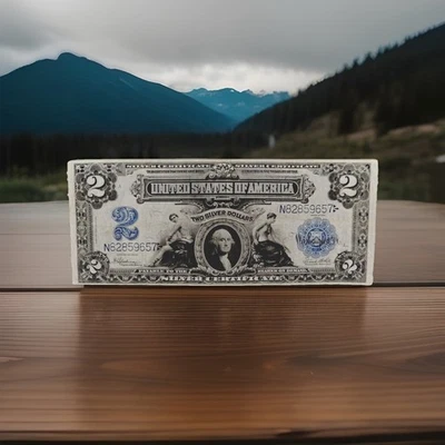 Hermoso billete grande de banco de Estados Unidos certificado de plata mini ojo de buey de $2 de 1899 Foto 1 de 2