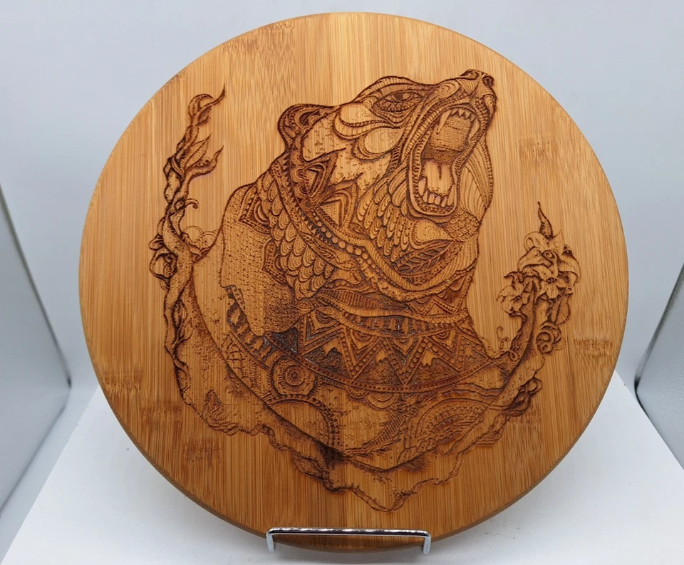 Totally Bamboo Lazy Susan Wood Burning Bear Artist Kerrie Stone Creations 10 in - Image 1 of 4