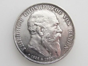 1826-1907 FRIEDRICH I BADEN / GERMAN STATES 5 MARKS .900 SILVER COIN KM#279  - Picture 1 of 8