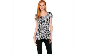 Top tejido delantero con lazo estampado de pétalos manga corta negro XL A288599 QVC J H by Halston - Imagen 1 de 4