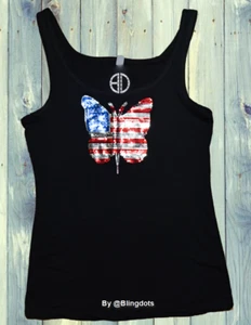 Women USA Bling butterfly Tank top sequins Shirt 4 of July no Rhinestone Glitter - Picture 1 of 6
