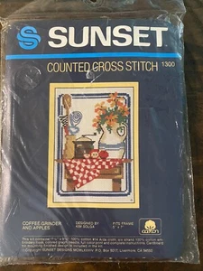 Vintage Sunset “Coffee Grinder & Apples” 1300 Counted Cross Stitch Kit 5 x 7 NEW - Picture 1 of 4