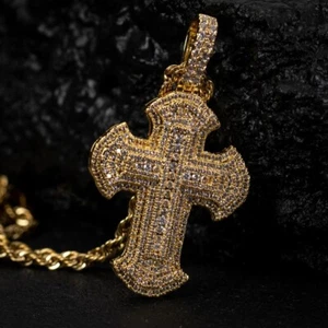 Men's Hip Hop 2ct lab created white diamond cross pendant 14k yellow gold plated - Picture 1 of 5
