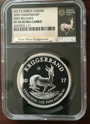 2017 1 OZ SOUTH AFRICA SILVER KRUGERRAND PF70 UC FIRST RELEASE BLACK CORE HOLDER - Image 1 of 3