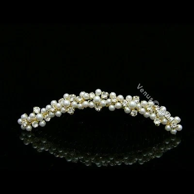 Gold Bridal Flower Pearl Rhinestone Crystal Prom Wedding Tiara Hair Comb 7588 - Image 1 of 4