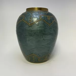 Jarrón urna barroca vintage esmaltada Cloisonne verde azulado y latón - Imagen 1 de 10