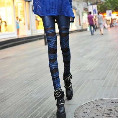Mujeres Sexy Algodón Gasa Cuero Leggings Niña Pantalones Azul Oscuro Elásticos Foto 1 de 4