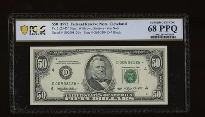 DBR 1993 $50 Cleveland STAR Fr. 2125-D* SuperGem PCGS-B 68 PPQ Serial D00508126* - Image 1 of 2