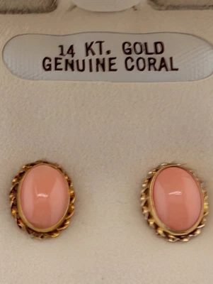 NUEVO~ORO AMARILLO 14k~**PENDIENTES DE CORAL CON MARCO OVALADO NATURAL**~Juego de bisel~EN CAJA Foto 1 de 4
