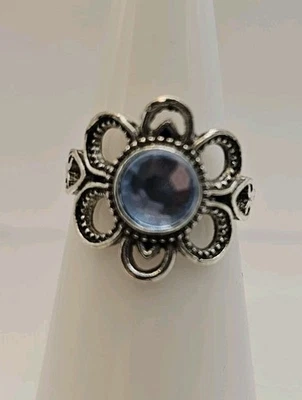 Disfraz Tono Plata Azul Imitación Piedras Preciosas Flor Anillo Talla 6 Foto 1 de 4
