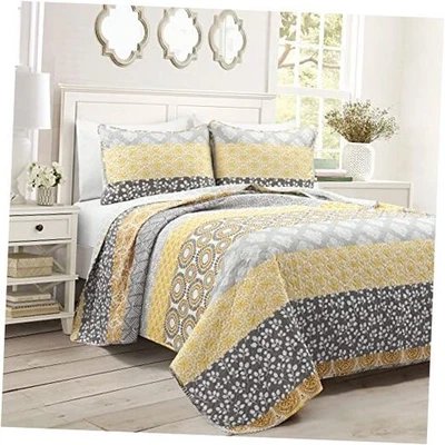  波西米亚条纹双面棉被套,3 件套全/大号黄色和灰色 — 第 1/4 张图片