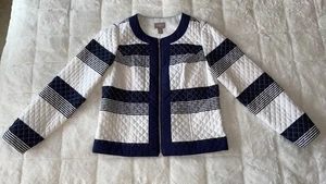 Chico’s Women’s Blazer Jacket Navy Blue White Quilted Zip Size 0 (US Size 4) - Picture 1 of 9