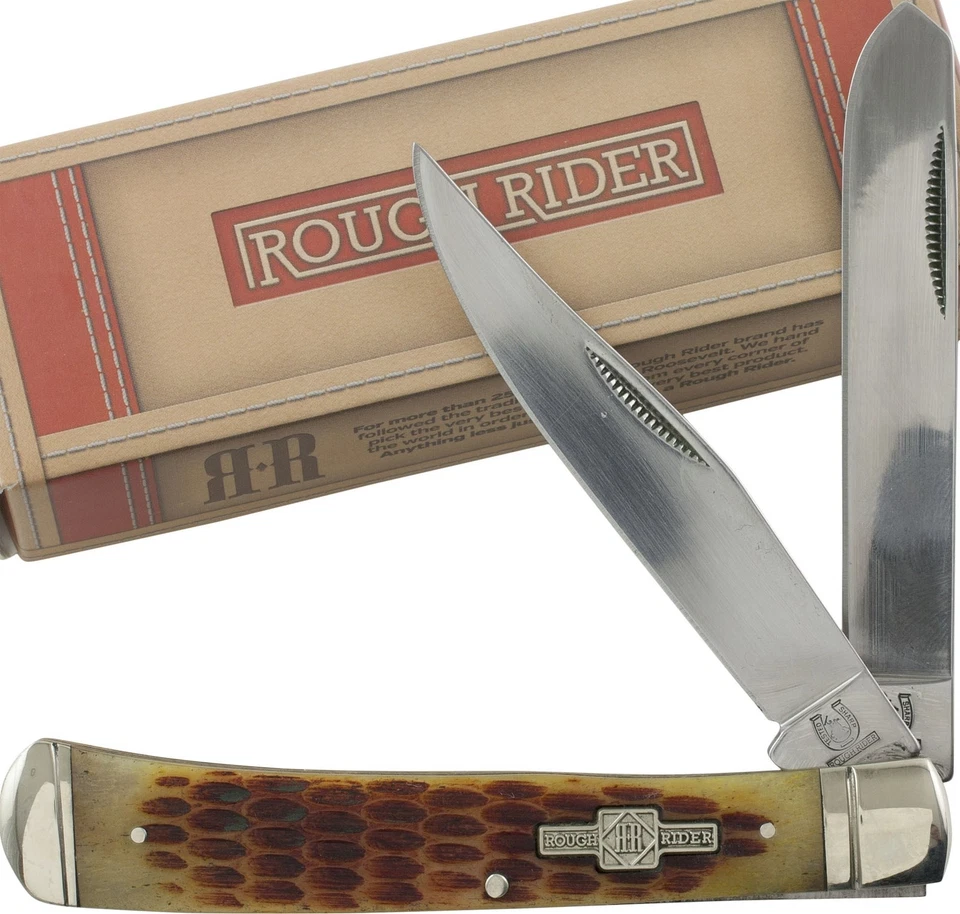 Rough Rider Amber Jigged Bone Trapper 2 Blade Folding Pocket Knife RR22034