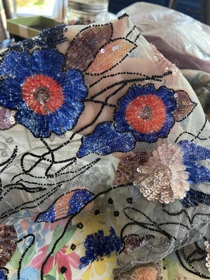 Lace Nude Mesh With Multicolor Flower Embroidery 42” Width 2 Yards - Image 1 of 4