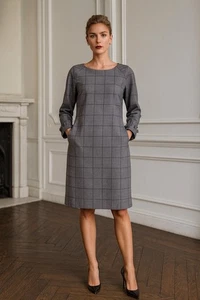 Banana Republic Grey Wool Plaid Ruffle Cuff Sheath Dress 4 Academia Office Siren - Picture 1 of 12