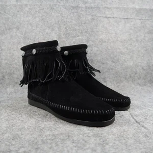 Minnetonka Shoes Womens 7.5 Bootie Moccasin Leather Hi Top Back Zip Fringe Black - Picture 1 of 13