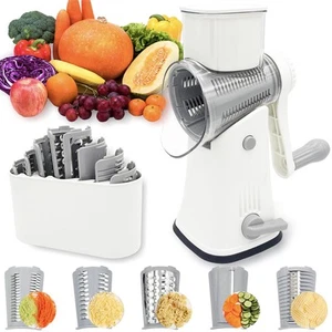 White Rotary Cheese Grater Hand Crank, Mandoline Veg Slicer, 5 Blades, Kitchen - Picture 1 of 6