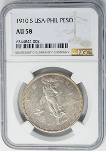 1910-S U.S. Philippines Peso AU58 NGC 949432-1 - Picture 1 of 3
