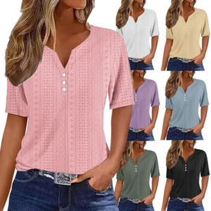 Damen-T-Shirts Kurzärmelig V-Ausschnitt Sommeroberteile Einfarbig Knöpfe ≌ - Picture 1 of 19