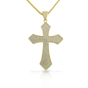 Sterling Silver Gold-Tone Hip-Hop Crystals Cross Religious Mens Pendant Necklace - Picture 1 of 4