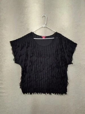 Blusa Sunny Leigh Feminina Top 2X Preta Mistura Poli Manga Curta Babado Casual - Imagem 1 de 4