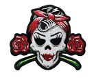 Rockabilly Lady Skull Roses 3.5X4 Inch Patch Iv6543 F1d12j