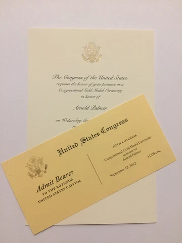 2012 Congressional Gold Medal Ceremony Invitation & Ticket Arnold Palmer Golfer Cover