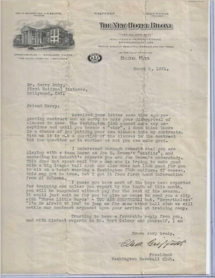 Clark Griffith Washington Senators Baseball HOFer Autographed 1931 Letter PSA - Image 1 of 2