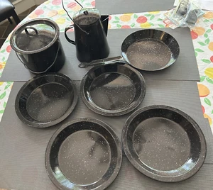 9 pcs speckled enamelware camping Hanging stock & coffee pot w/lid 4 plate pan - Picture 1 of 11