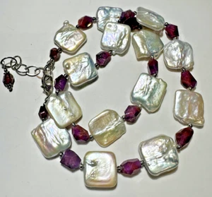 Chunky Flat Pearls Faceted Red Ruby Bead Sterling Silver 20" Vintage Necklace - Picture 1 of 4