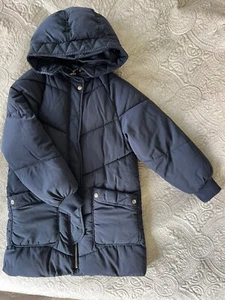 Zara Girls Navy Blue Puffer Zipup Long Hooded Parka Sz 10 - Picture 1 of 7