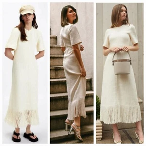 ZARA Tweed Textured Fringe Trim Maxi Dress Size Small - Picture 1 of 17