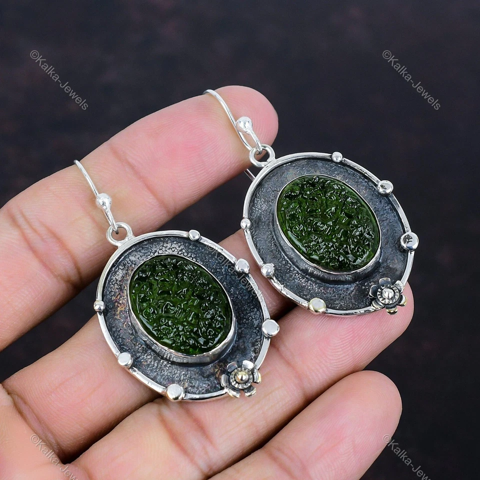 Regalo de cumpleaños para ella pendientes colgantes/gotas de piedras preciosas de moldavita natural de plata 925 Foto 1 de 1