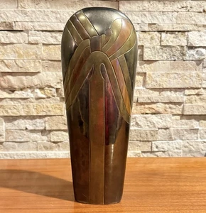 Vaso Tri Colore Art Deco Ottone Massiccio India 11,5”h Bud Vintage MCM Smalto Pesante - Foto 1 di 23