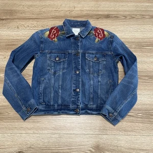 American Eagle Outfitters Sz Small Blue Floral Embroidered Denim Trucker Jacket - Picture 1 of 10